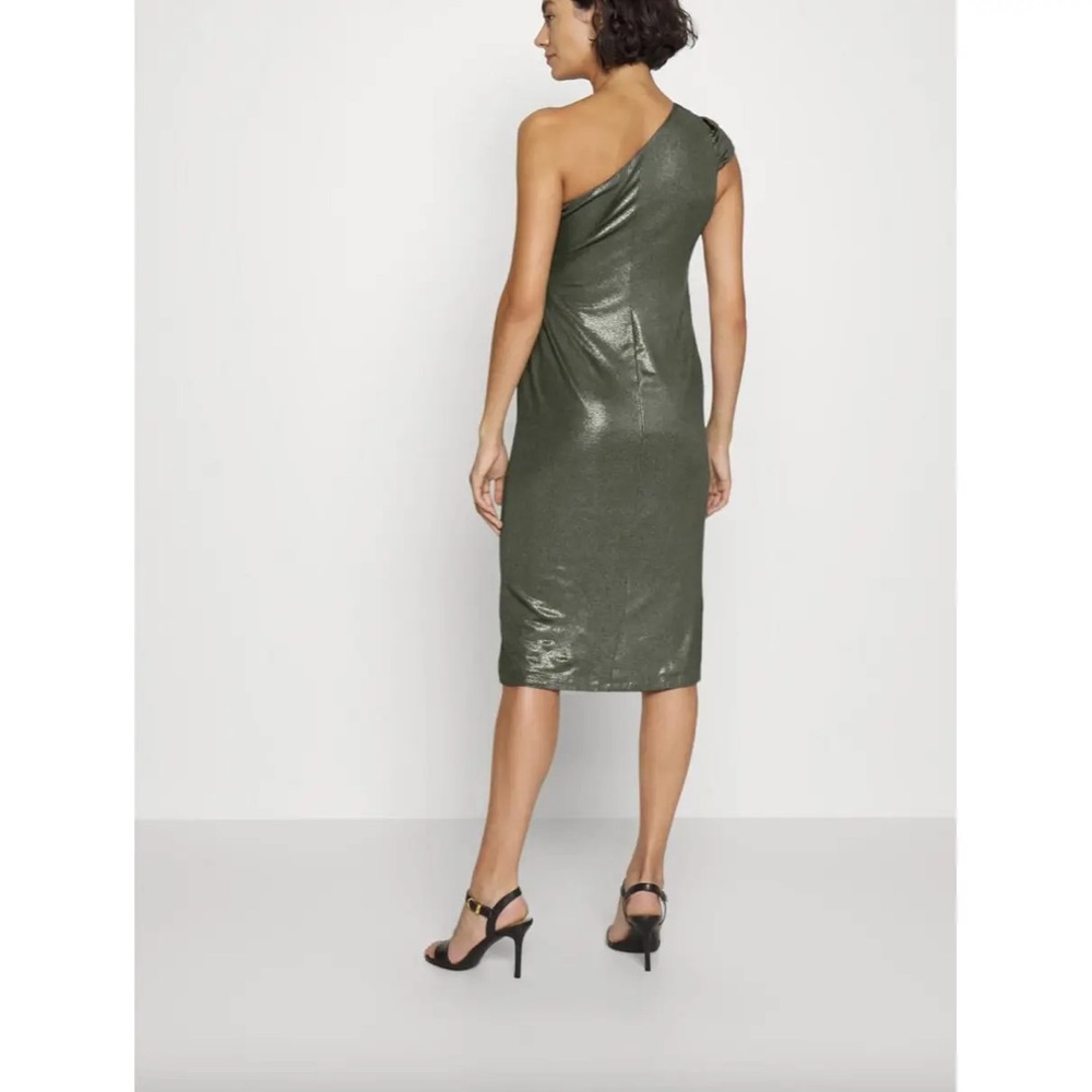 NWT Ralph Lauren Foil-Print Jersey One-Shoulder Cocktail Dress Olive - Picture 3 of 10